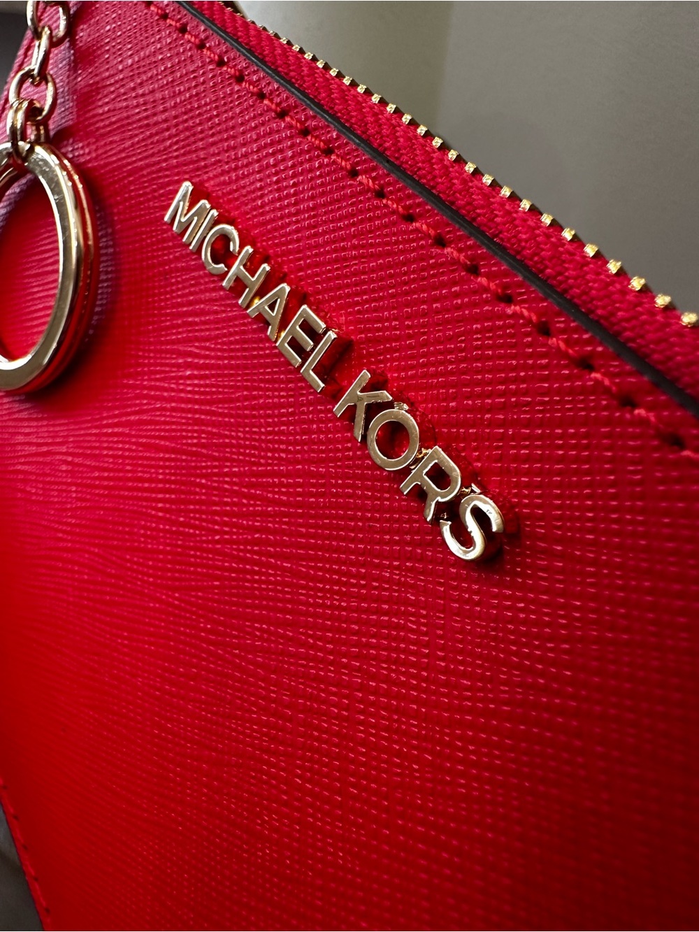 Michael Kors Red Card Holder Wristlet Zip Pouch Gold Hardware - Picture 4 of 9